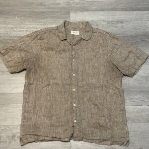 Stitch Note Linen Button Shirt Brown Short Sleeve XL European Lightweight
